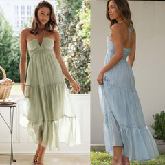 V-neck Brace Long Stitching Dress Elegant Shoulder-baring Sleeveless Hanging