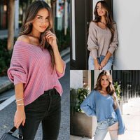 New Fashion Solid Color Long Sleeve V-neck Loose Casual Sweater