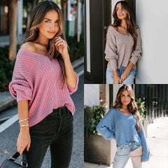 New Fashion Solid Color Long Sleeve V-neck Loose Casual Sweater