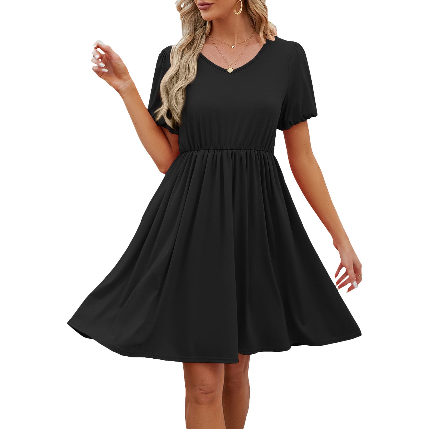 Women's Solid Color Puff Sleeves Pleated Swing Skirt