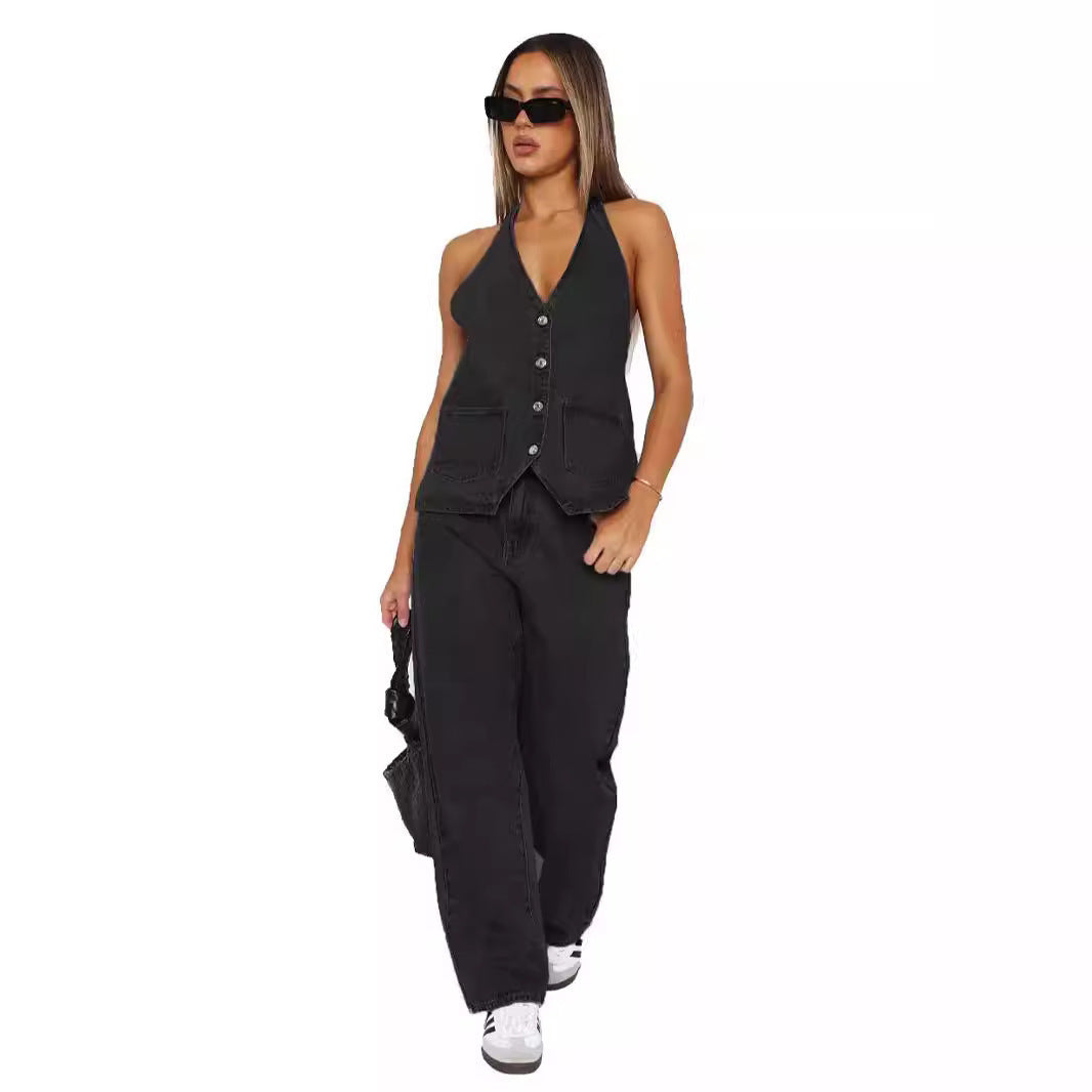 Female V-neck Sleeveless Casual Denim Vest  Only Selling Vests, Not Including Skirts