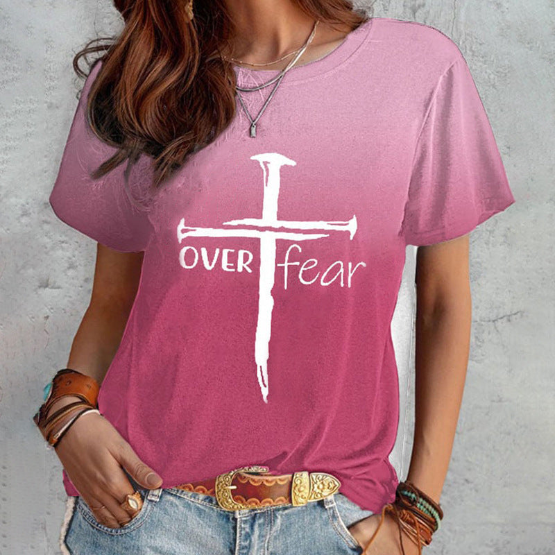 Summer Short Sleeve T-shirt Cross And Letter Print Top