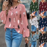 Feather Print Polo Shirt Long Lantern Sleeve Shirt Turndown Collar