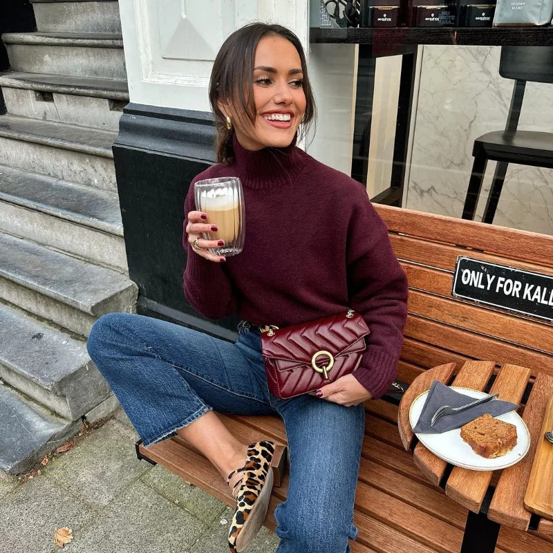 Knitwear Personality Street Vintage Women's Wine Red Turtleneck