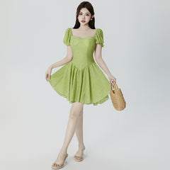 Socialite Style Temperament Square Collar Puff Sleeve Waist-tight Dress