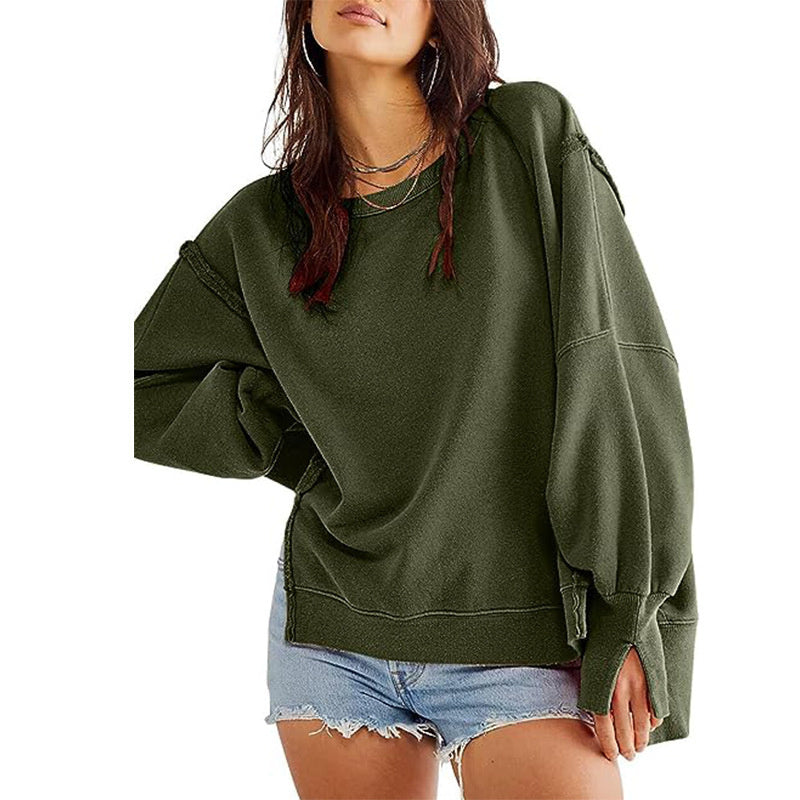 Pullover Sweatshirt Loose Round Neck Side Slit Long Sleeve