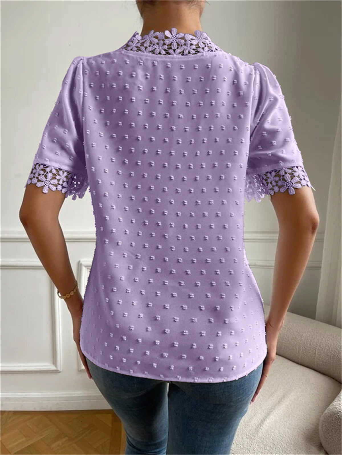 Floral Lace Short Sleeve Shirt Summer Fashion V-Neck Tops