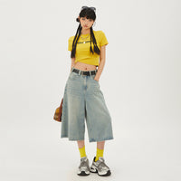 Retro High Waist Loose Wide Versatile Cropped Shorts Straight