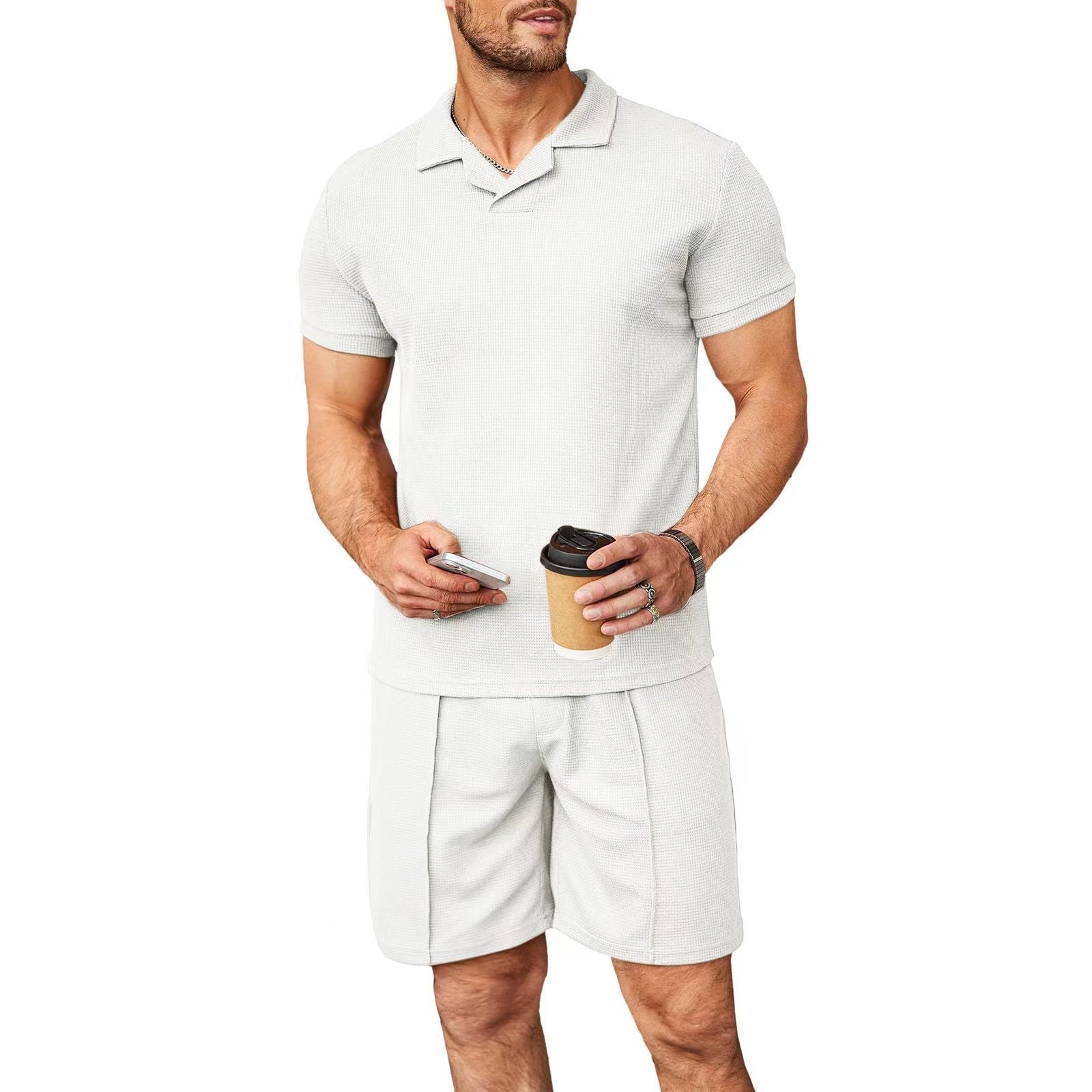 2pcs Set Men V Neck Polo Shirt Lapel Short Sleeve