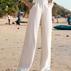 Loose Cotton And Linen Elastic High-rise Straight Wide-leg Pants
