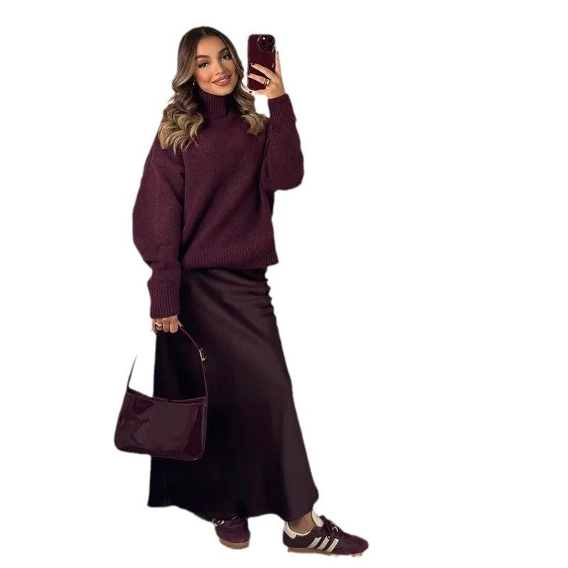 Knitwear Personality Street Vintage Women's Wine Red Turtleneck