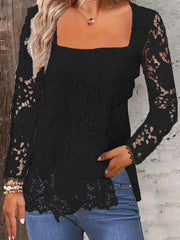 Fashion Long Sleeve Square Neck Tops Women Solid Color