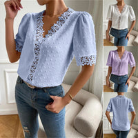 Floral Lace Short Sleeve Shirt Summer Fashion V-Neck Tops