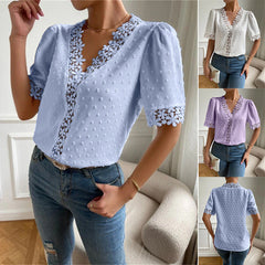Floral Lace Short Sleeve Shirt Summer Fashion V-Neck Tops