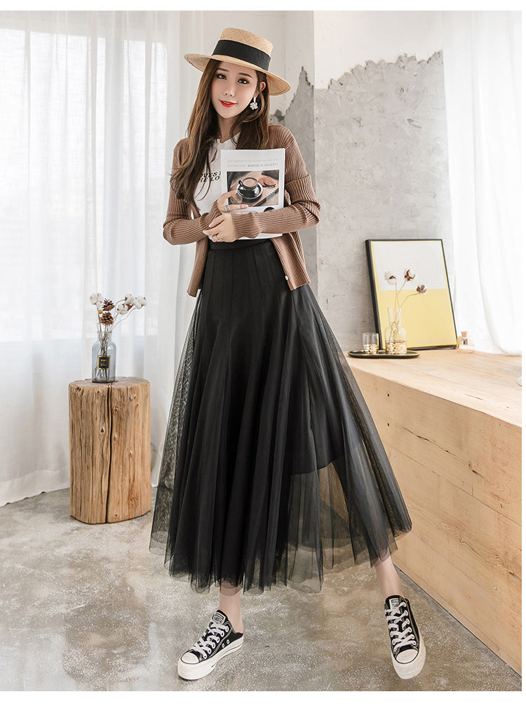 The New Solid Color Large Swing Mesh Skirt Mid-Length Slim Pleated Skirt