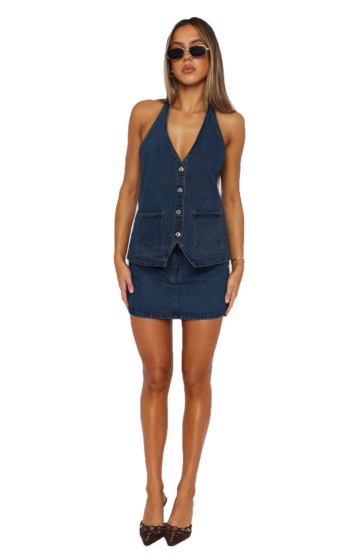 Female V-neck Sleeveless Casual Denim Vest  Only Selling Vests, Not Including Skirts