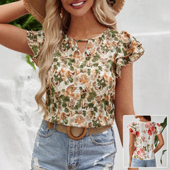 Floral Print Short Sleeve Shirt Summer Fashion Ruffled Tops