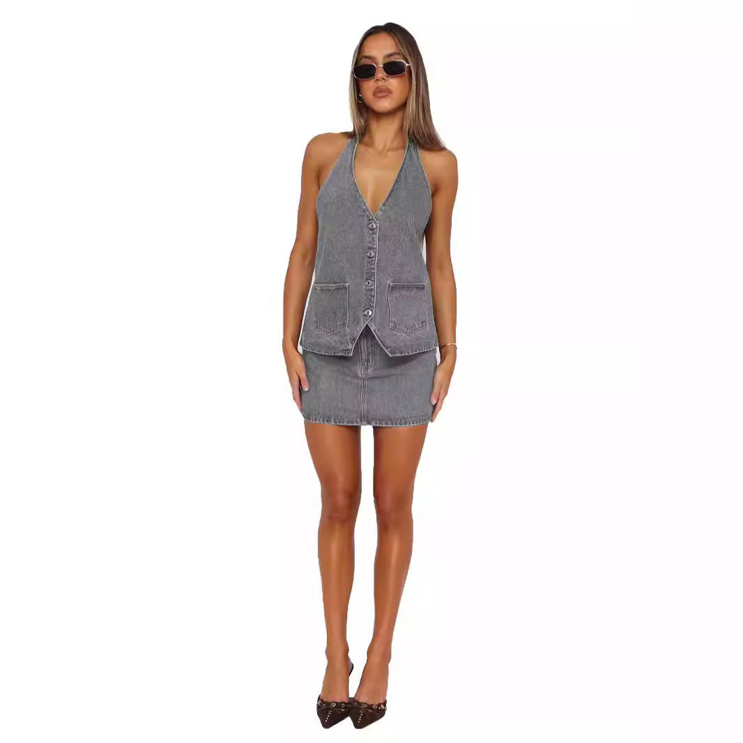 Female V-neck Sleeveless Casual Denim Vest  Only Selling Vests, Not Including Skirts