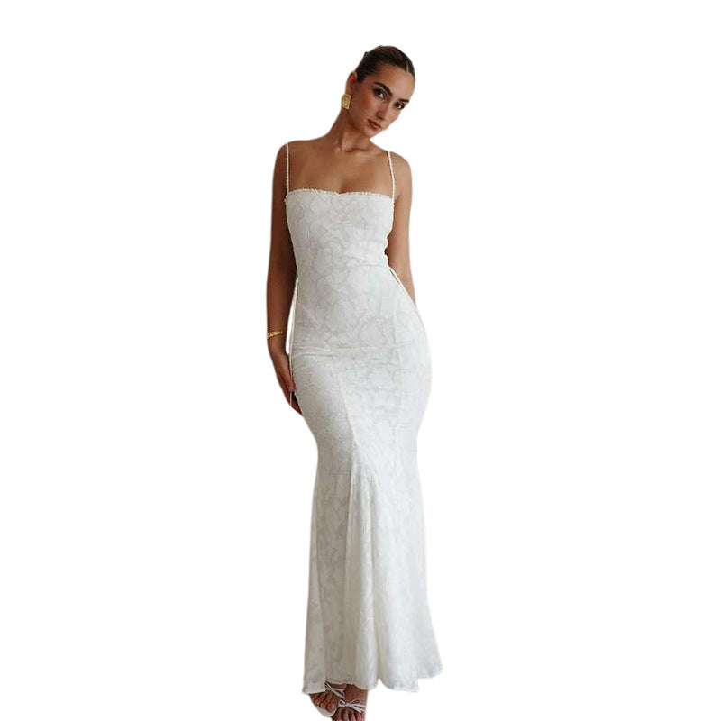 High Class Elegant Solid Color Slim Fit Bare Back Sling Dress
