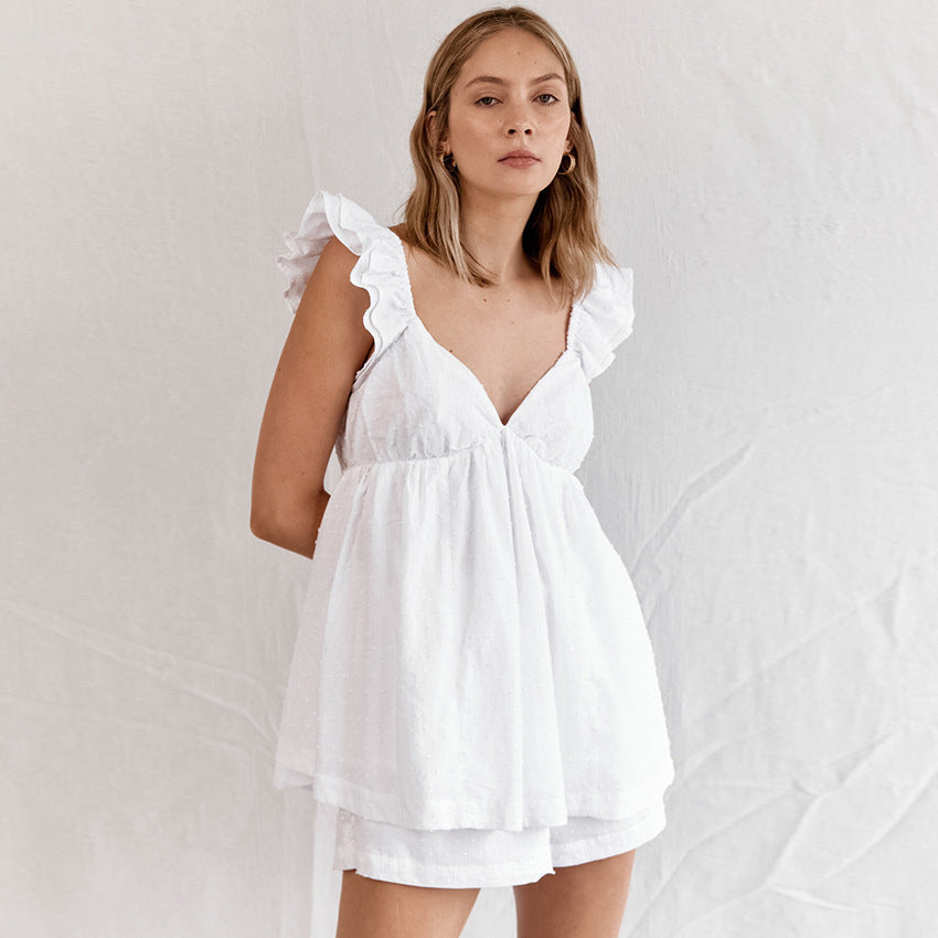 White Soft Cotton Suspender Shorts Pajamas Two-piece Set