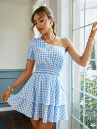 New Fashion Plaid Blue High Waist Pullover Dress