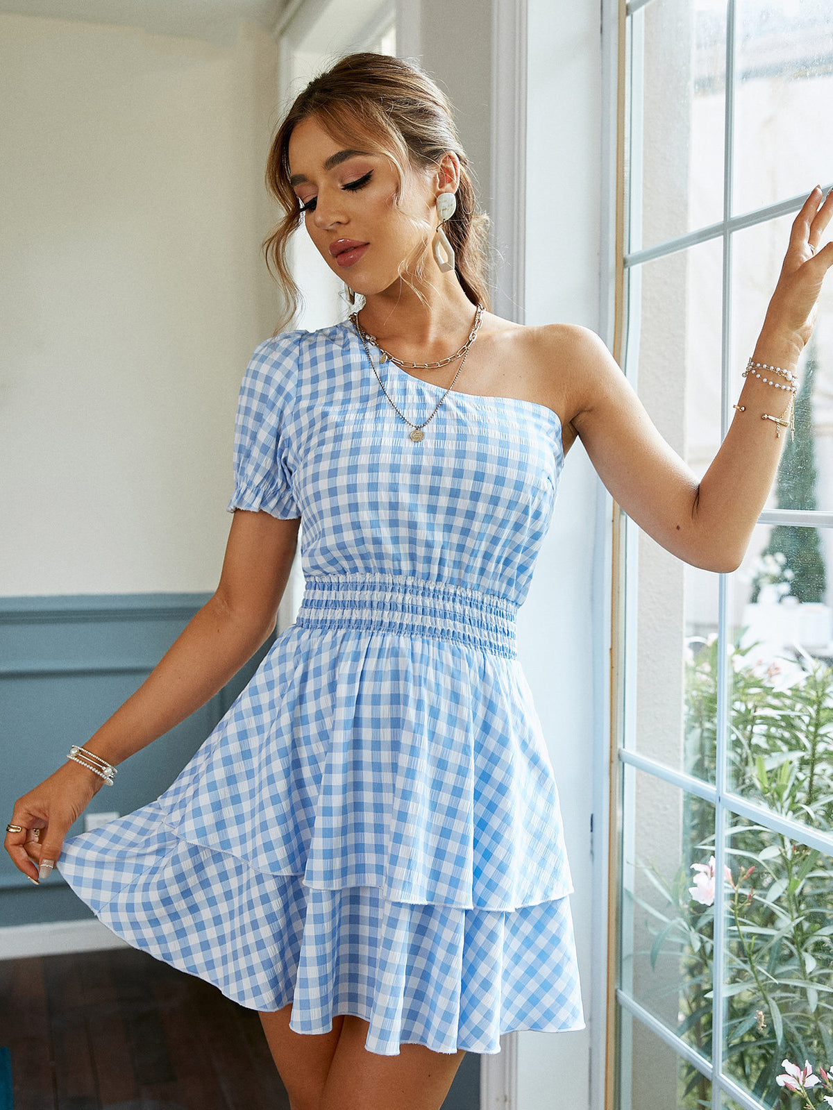 New Fashion Plaid Blue High Waist Pullover Dress