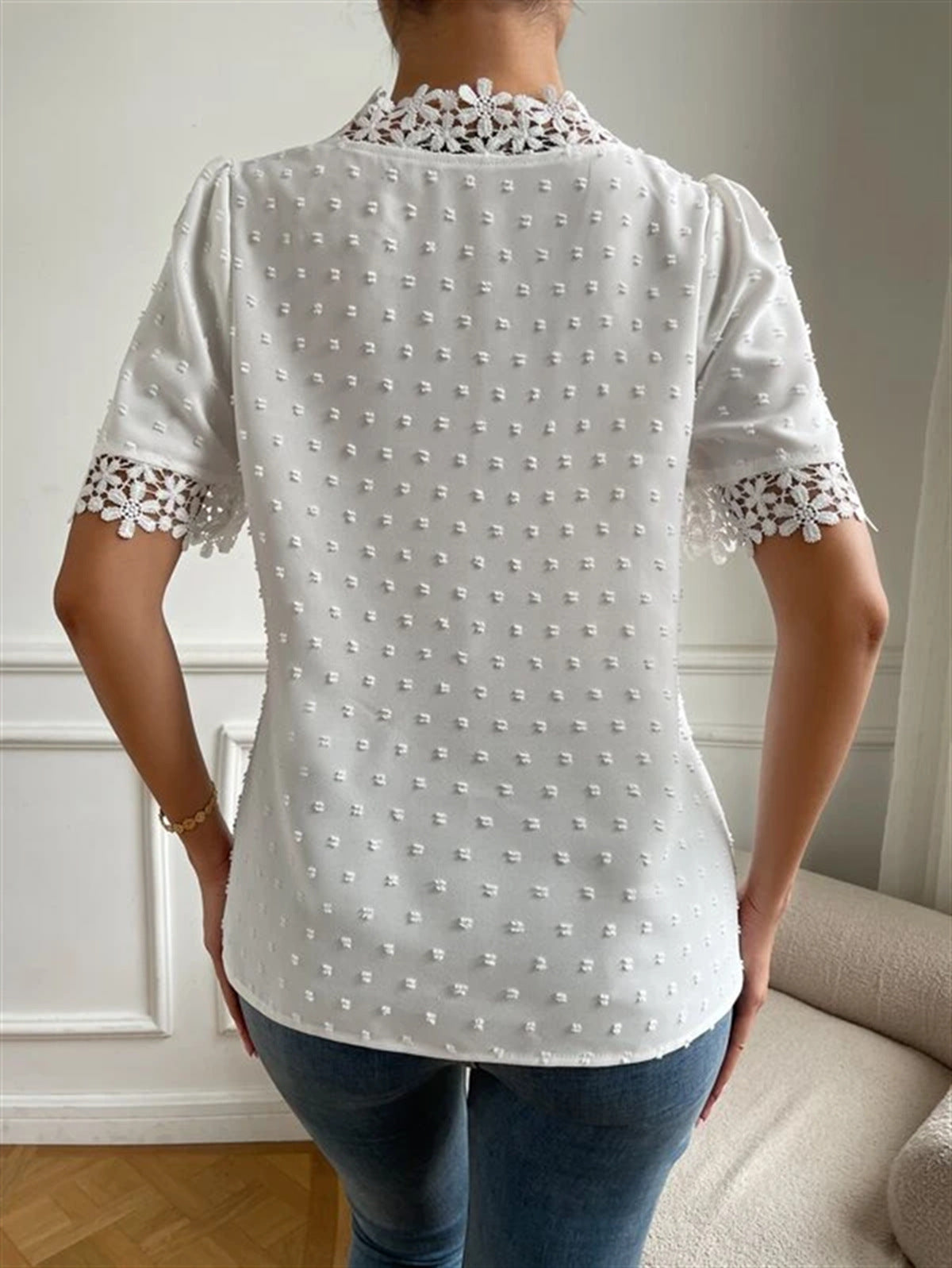 Floral Lace Short Sleeve Shirt Summer Fashion V-Neck Tops