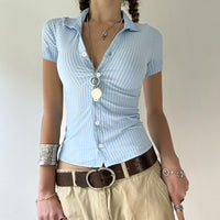 European And American Sexy Spicy Girl Simple Blue Striped Shirt