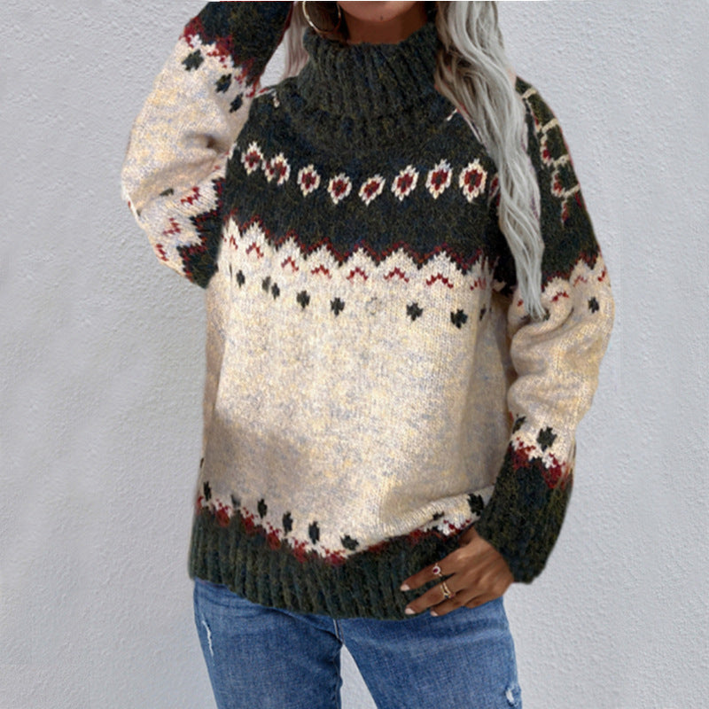 Turtleneck Knitted Sweater Christmas Loose Long Sleeve Jacquard Top
