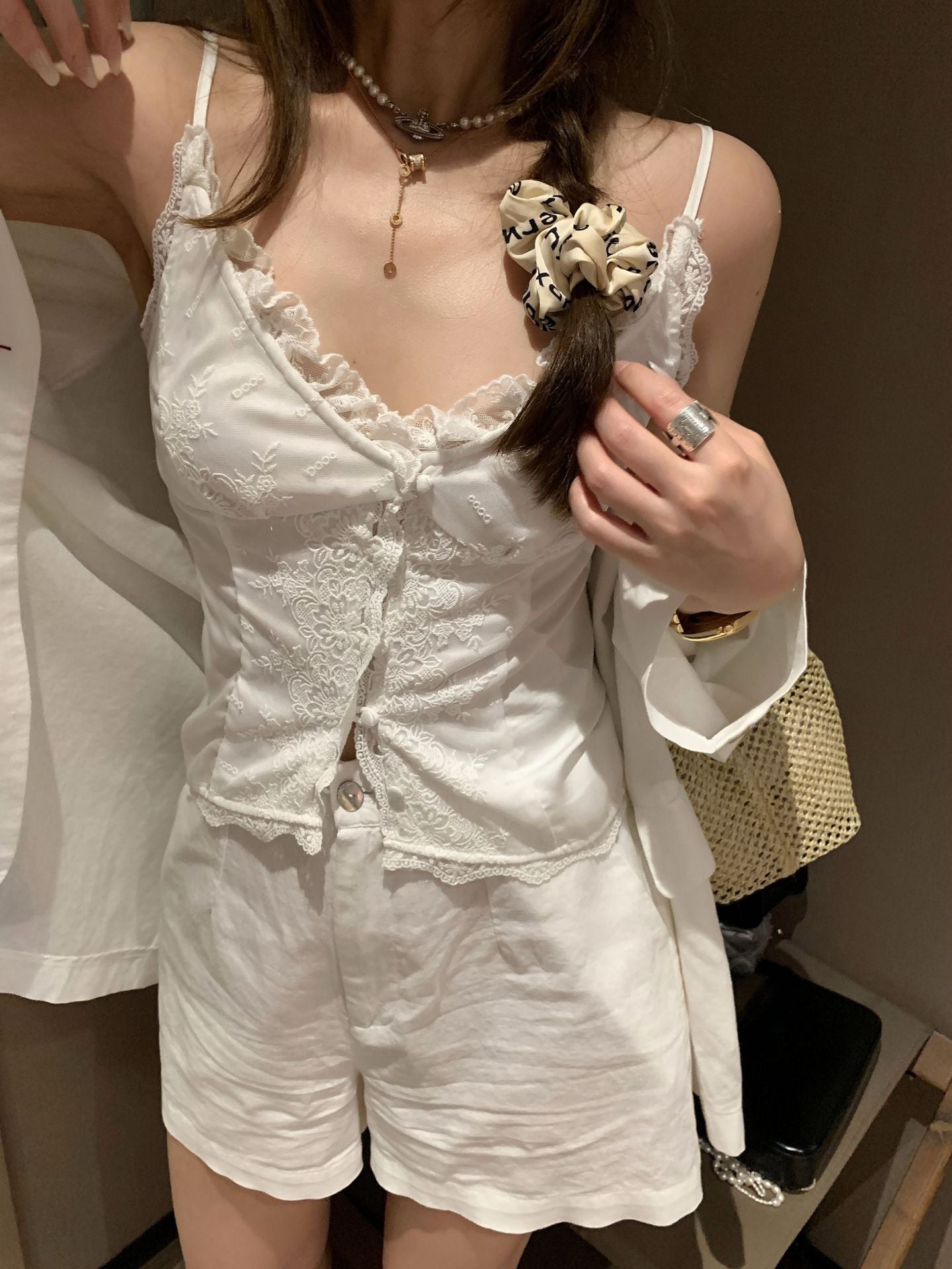 Lace Strap Stitching Solid Color Slim Single-breasted Versatile