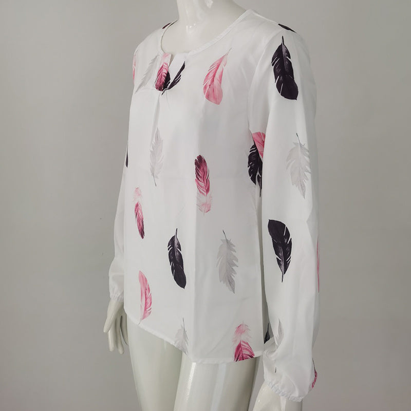 Feather Print Polo Shirt Long Lantern Sleeve Shirt Turndown Collar