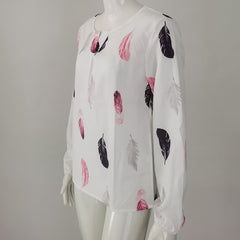 Feather Print Polo Shirt Long Lantern Sleeve Shirt Turndown Collar