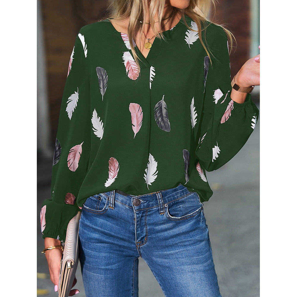 Feather Print Polo Shirt Long Lantern Sleeve Shirt Turndown Collar