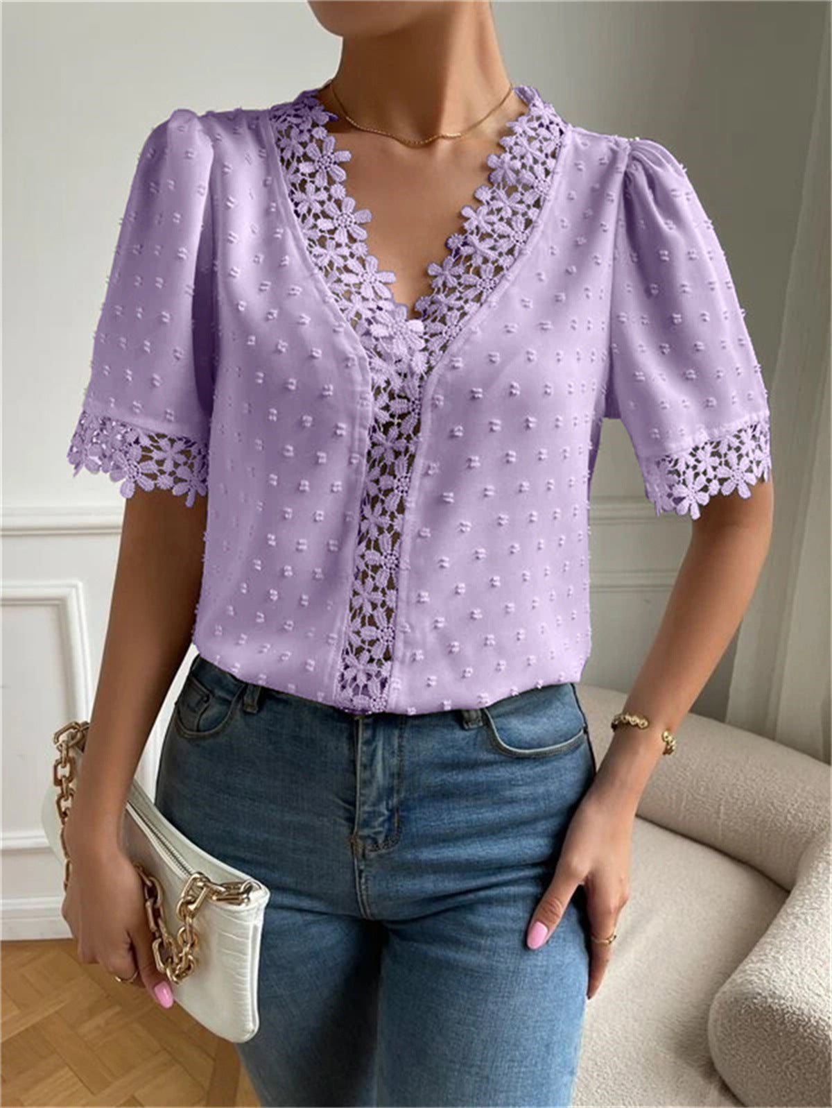 Floral Lace Short Sleeve Shirt Summer Fashion V-Neck Tops