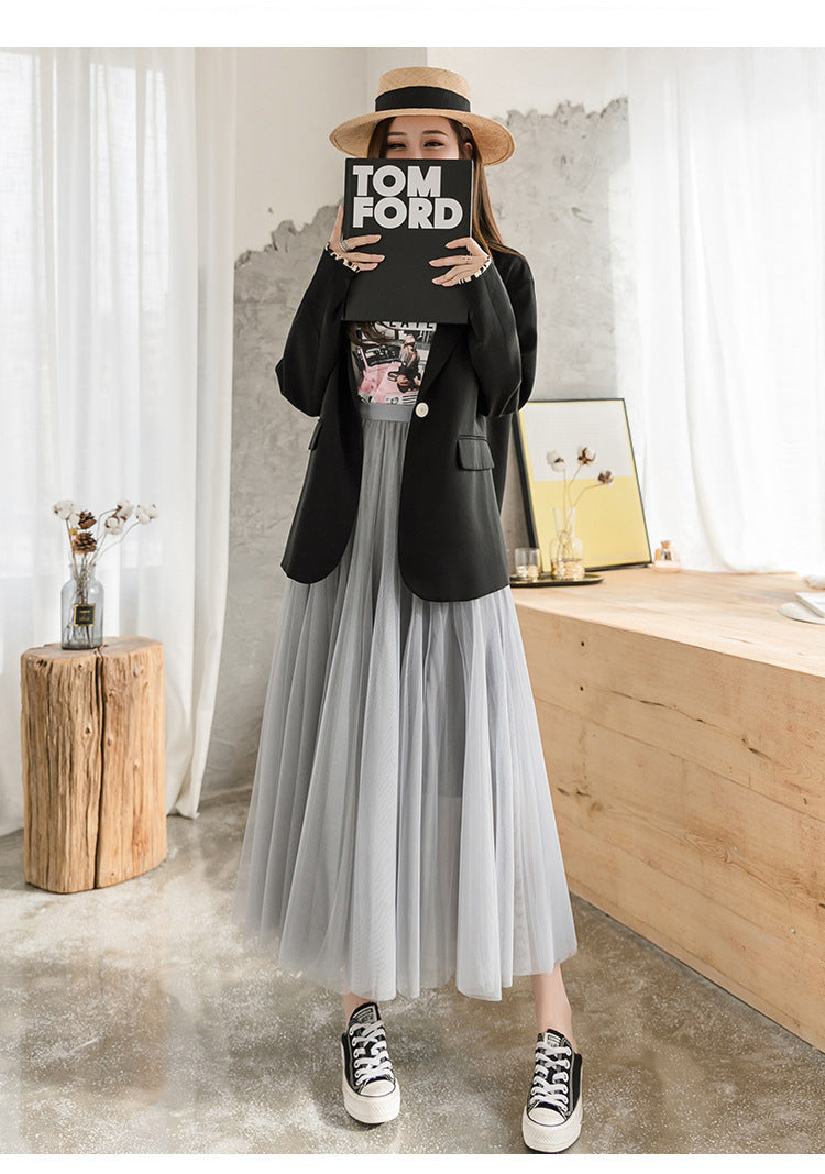 The New Solid Color Large Swing Mesh Skirt Mid-Length Slim Pleated Skirt