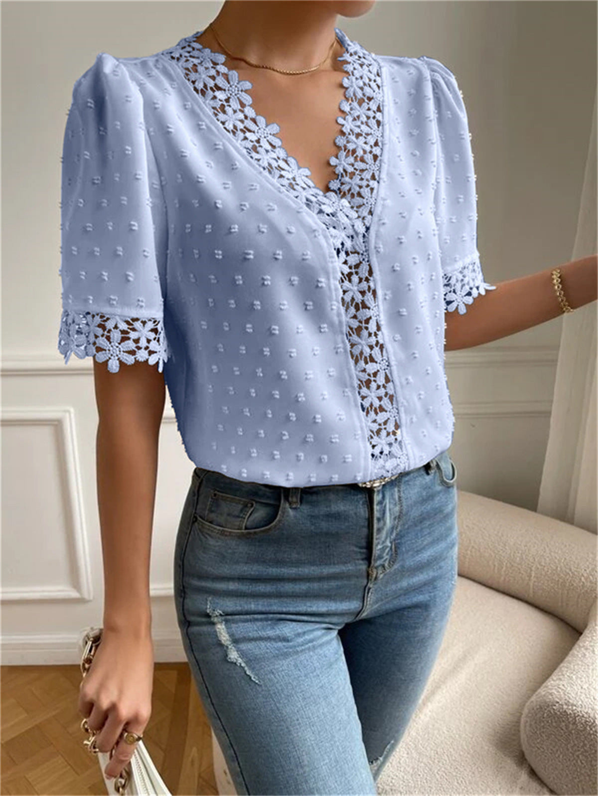Floral Lace Short Sleeve Shirt Summer Fashion V-Neck Tops