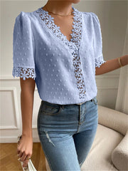Floral Lace Short Sleeve Shirt Summer Fashion V-Neck Tops