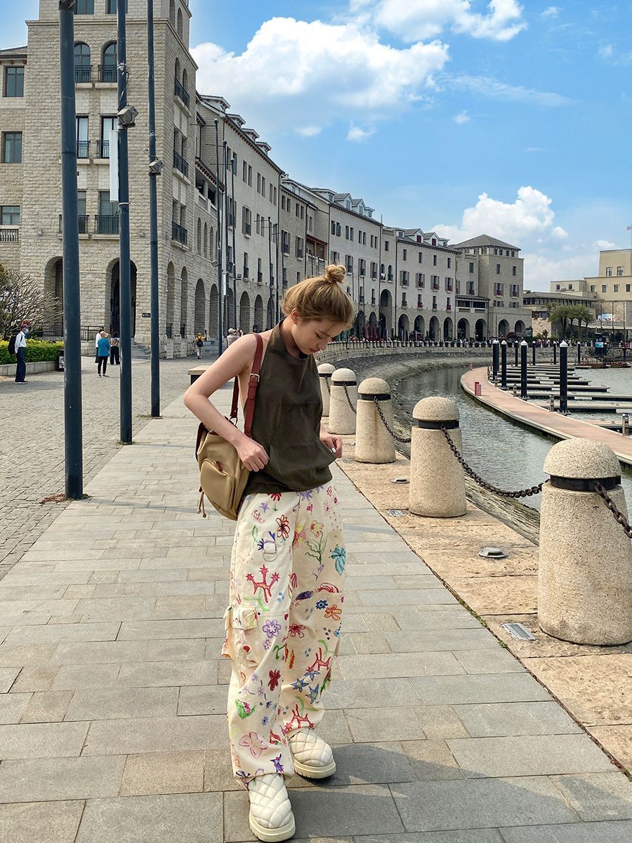 American Retro Graffiti Printing Pocket Overalls