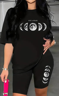 2pcs Short Sleeve Phase Print Two-piece Set