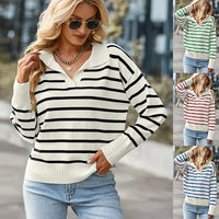 Casual V-neck Lapel Striped Sweater Fashion Long Sleeve