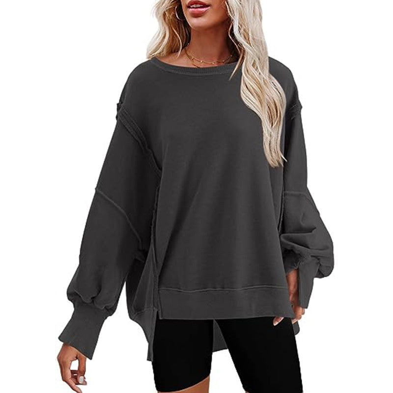 Pullover Sweatshirt Loose Round Neck Side Slit Long Sleeve