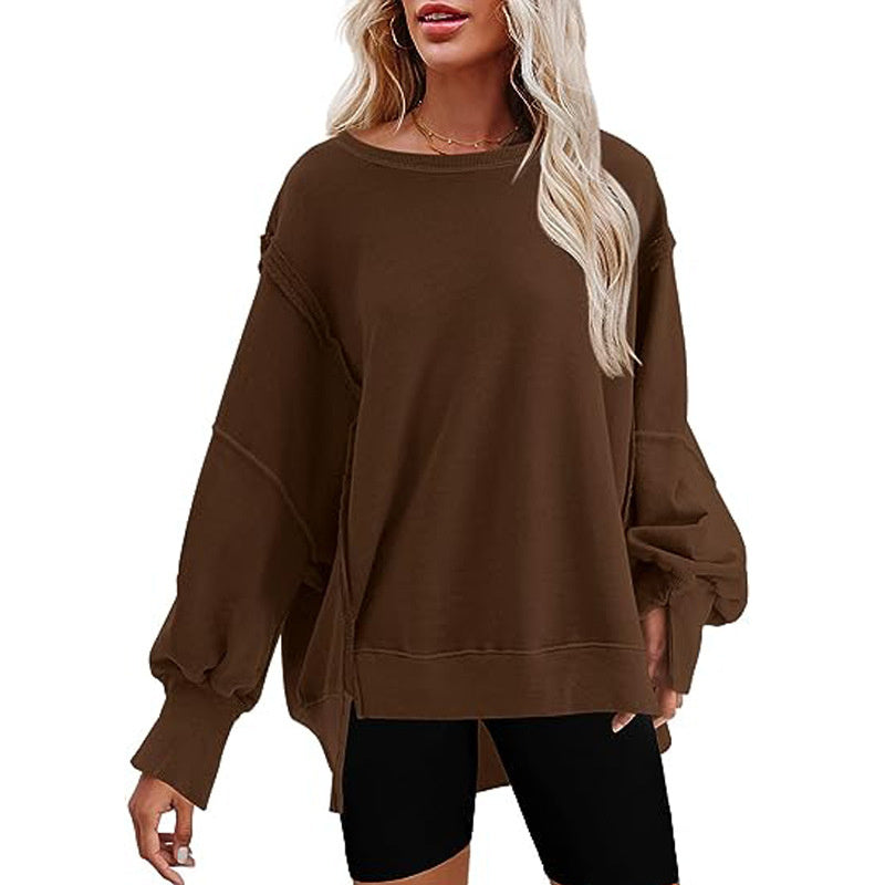 Pullover Sweatshirt Loose Round Neck Side Slit Long Sleeve