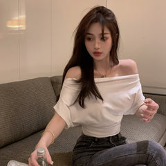 Women's Loose Short Sleeve Bat Sleeve One-Shoulder Top