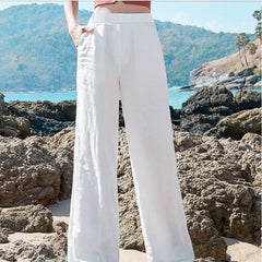Loose Cotton And Linen Elastic High-rise Straight Wide-leg Pants